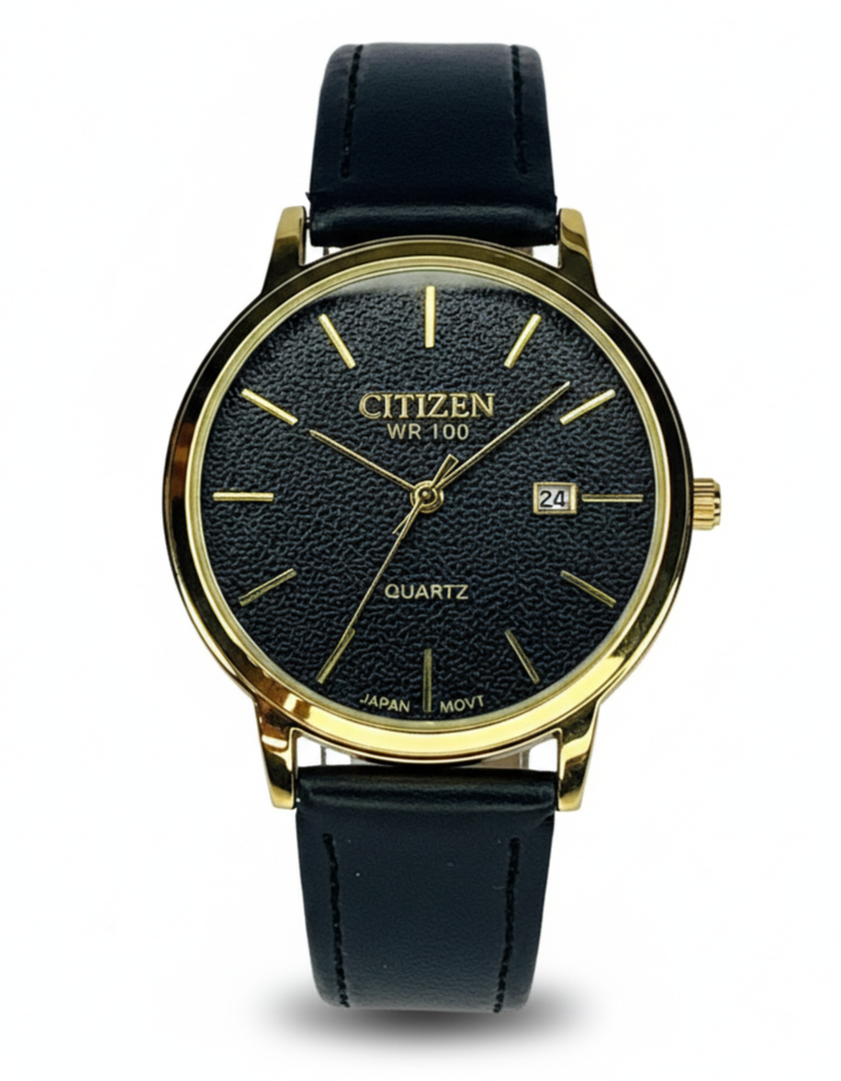 Citizen - Quartz watch with a Black Leather Band And Gold Toned Case
