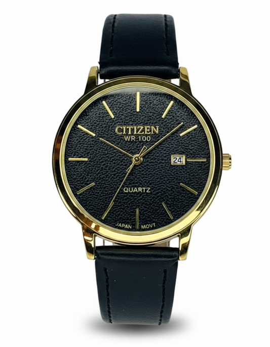 Citizen - Quartz watch with a Black Leather Band And Gold Toned Case