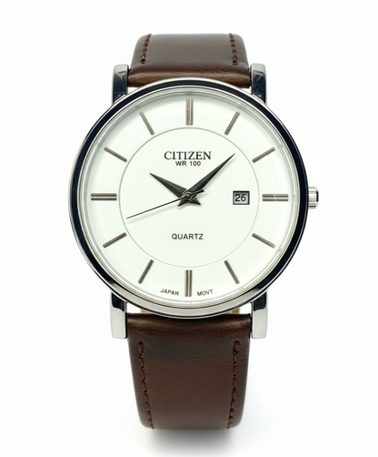 Citizen - Quartz watch with a White Dial and Brown Strap