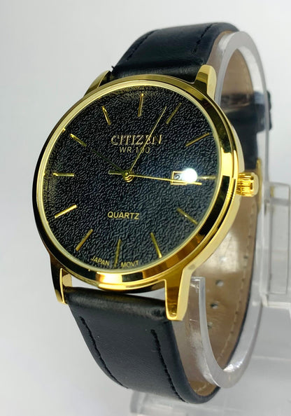 Citizen - Quartz watch with a Black Leather Band And Gold Toned Case