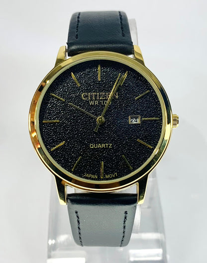 Citizen - Quartz watch with a Black Leather Band And Gold Toned Case