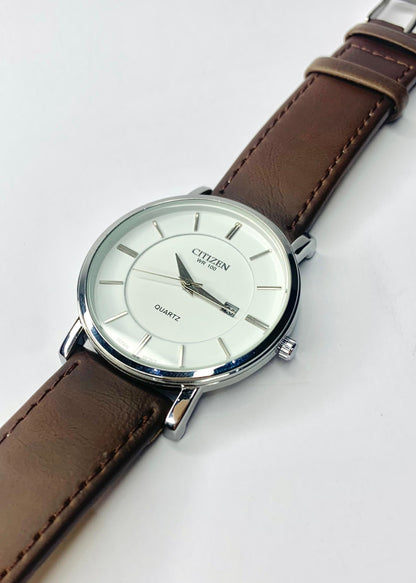 Citizen - Quartz watch with a White Dial and Brown Strap